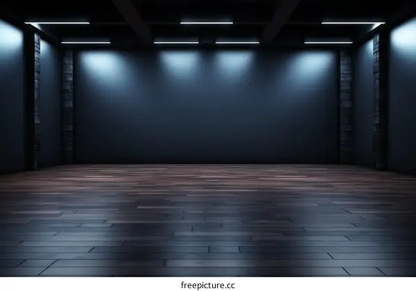 Blue empty room with brick wall and wooden floor