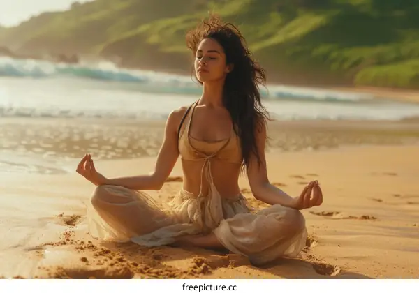 meditating woman in a sandy beach