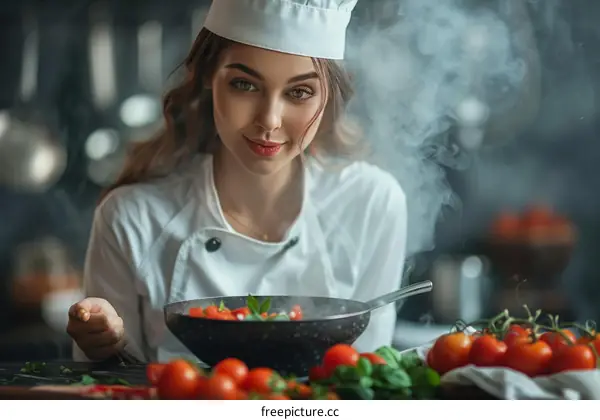 Young female chef is cooking pasta with vegetables and tomatoes