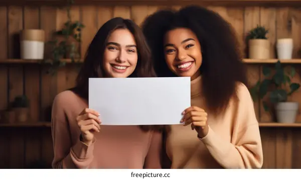 Two young women of different ethnicities holding a blank sign