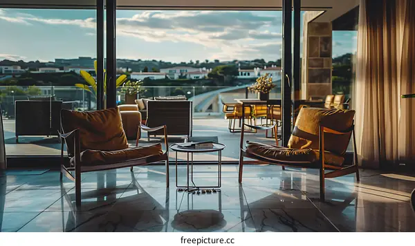 Modern Living Room With Large Windows Overlooking City