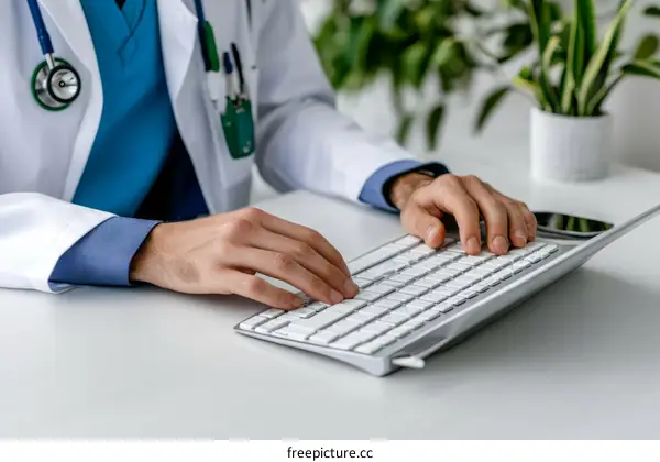 Doctor Typing on a Computer in a Modern Clinic