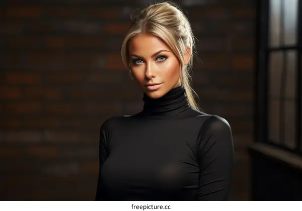Stunning blonde woman in black turtleneck sweater