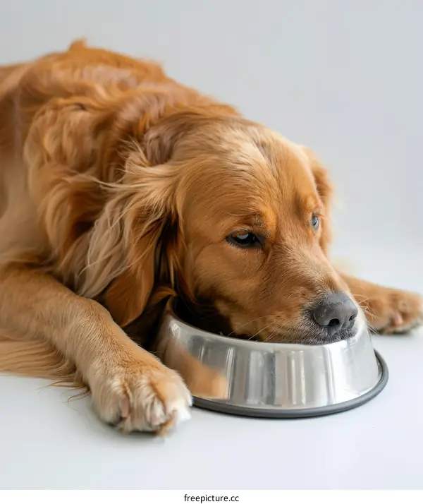 Golden Retriever dog lying down with its head resting on a stainless steel bowl