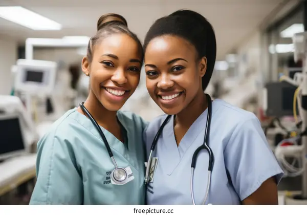 Two African American female nurses smiling in a hospital.