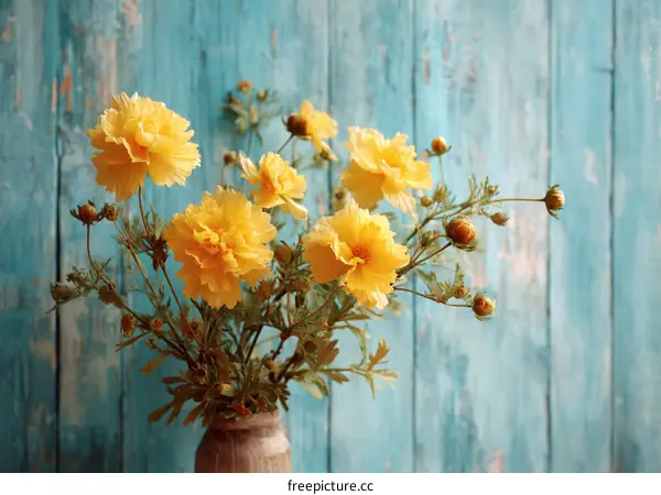 Vintage Yellow Flowers in Vase Against Teal Wooden Background