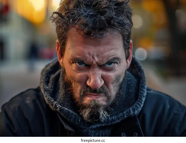 Angry Man with Messy Hair and Beard