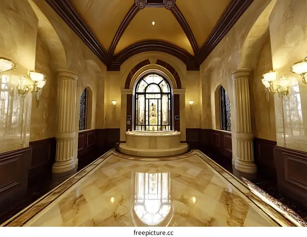 Luxury Bathroom with Marble Floor and Arch Window