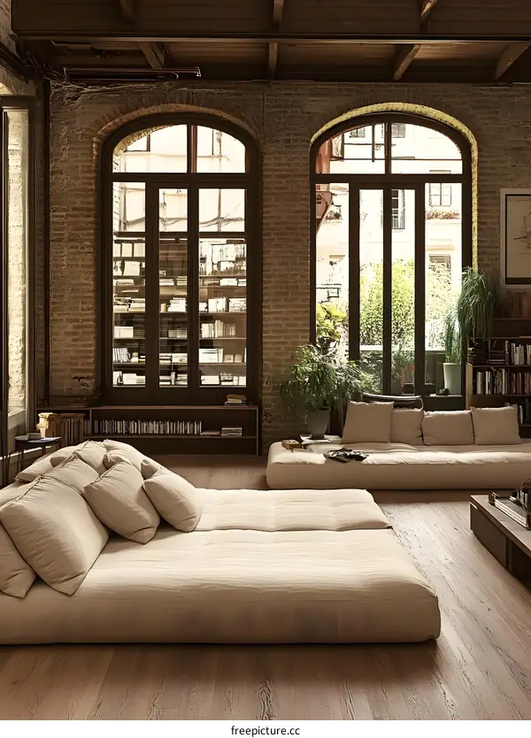 Modern Minimalist Living Room Interior Design with Beige Sofa and Brick Wall