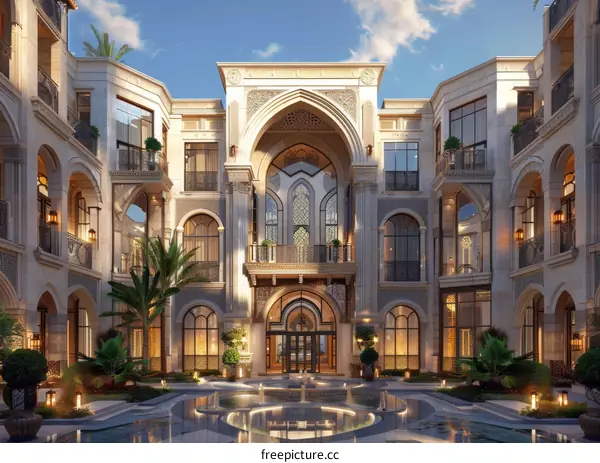 Grand Arabian Palace Courtyard at Sunset