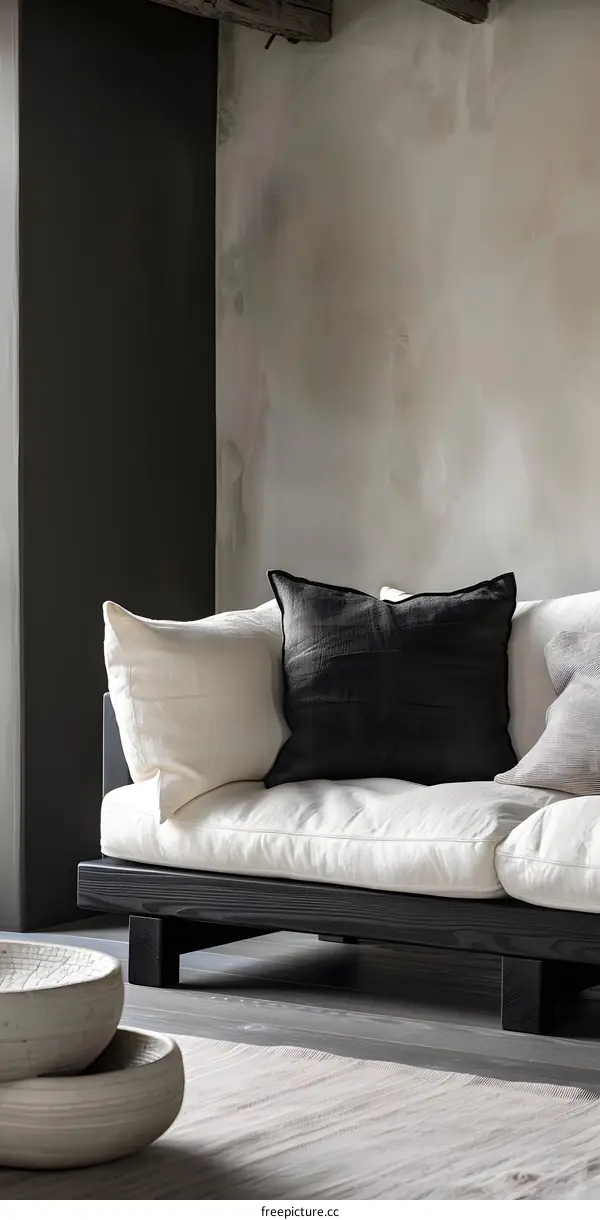 Modern Black Wooden Sofa with Pillows in a Minimalist Living Room
