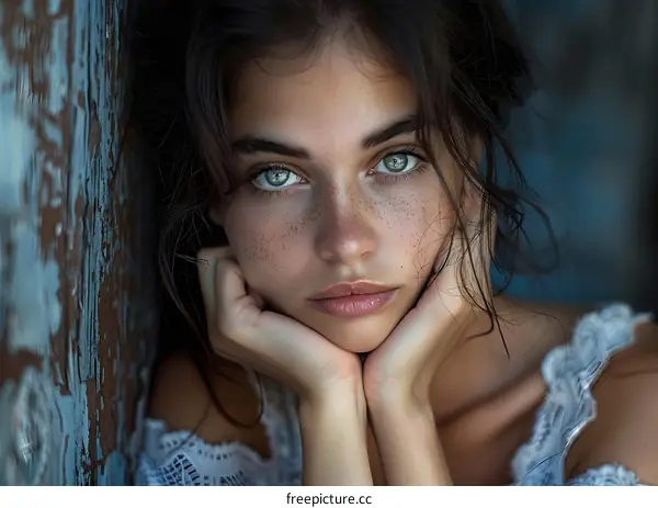 Portrait of a young woman with freckles and green eyes