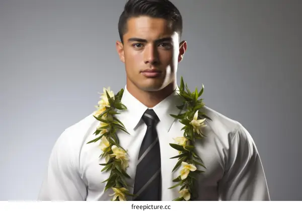 Young man wearing a white shirt and tie with a flower lei around his neck