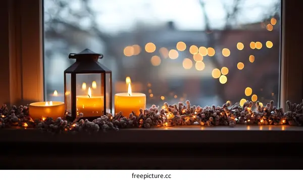Winter Window Decoration with Candles and Lights