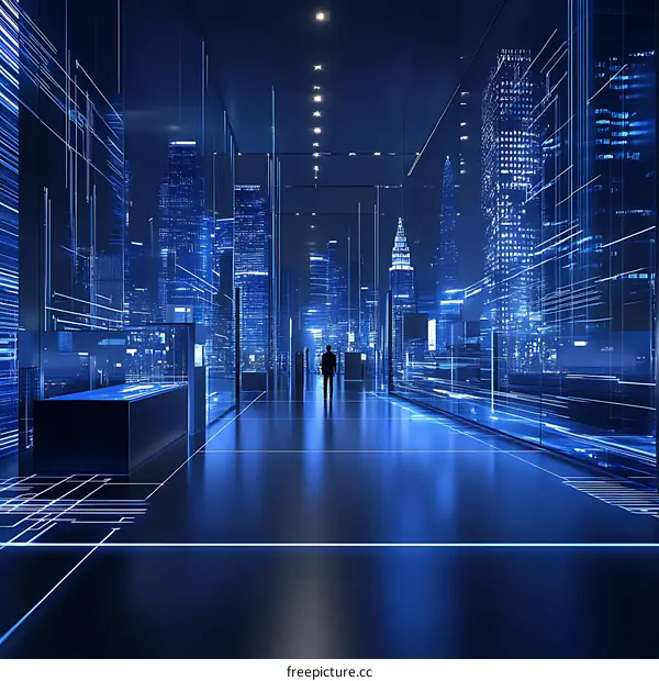Futuristic Cityscape Corridor with Businessman