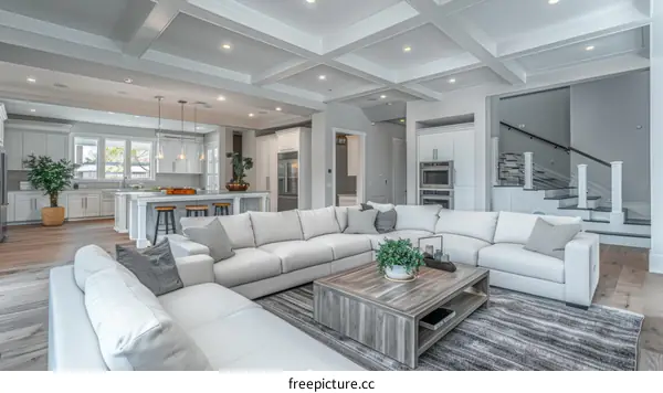 Modern White Family Room With Vaulted Ceiling