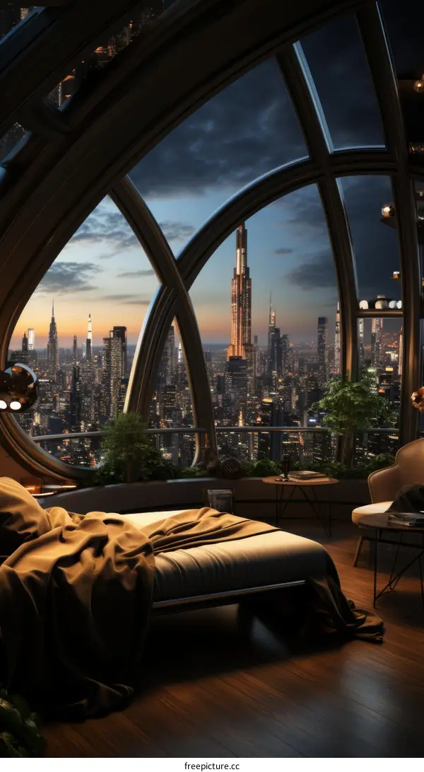 Modern Luxury Bedroom with City Skyline View