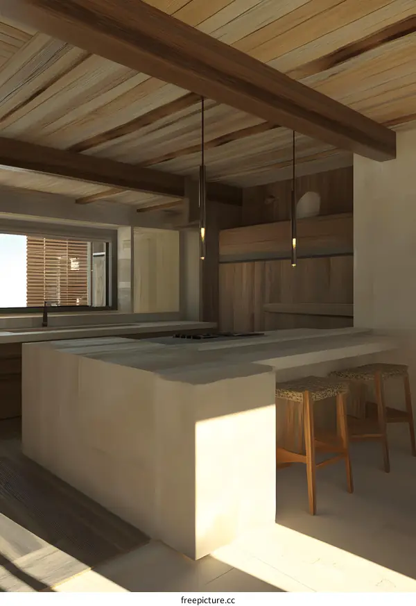 Modern Kitchen Interior Design with Wooden Beams and Light Fixtures