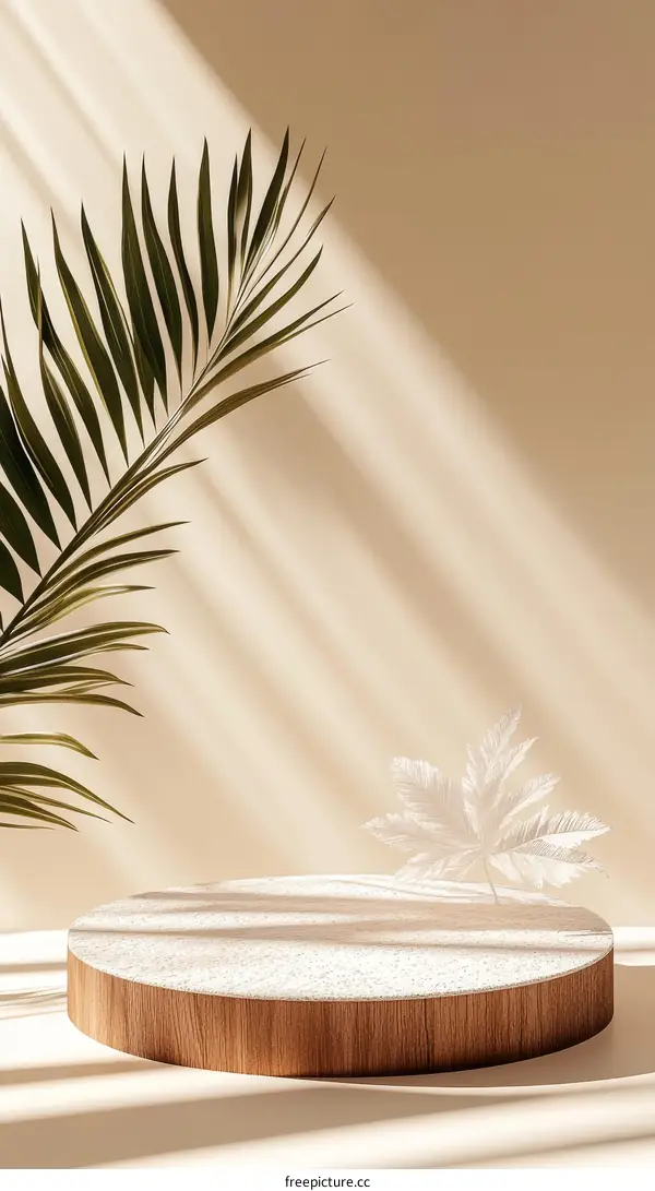 Beige Minimalist Display Podium with Tropical Leaves