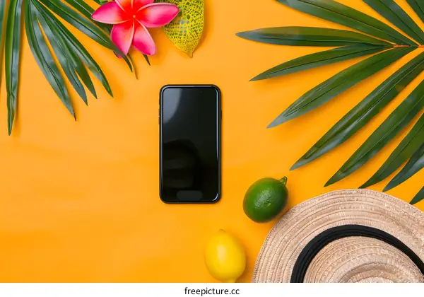 Summer Vacation Phone Mockup With Yellow Background And Tropical Leaf