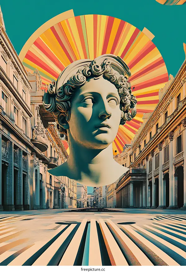 Collage Art with Greek Statue and City Street