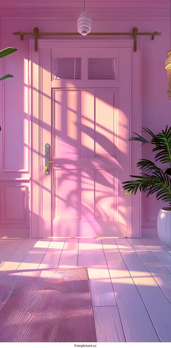 Pink Doorway With Sunlight And Plants