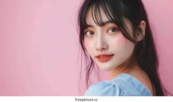 Portrait of a Beautiful Asian Woman with Pink Background