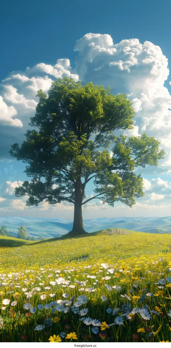 Solitary Tree Serenely Standing in a Vast Grassy Meadow