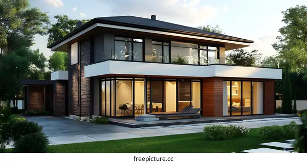 Modern Two Story House with Large Windows and Glass Doors