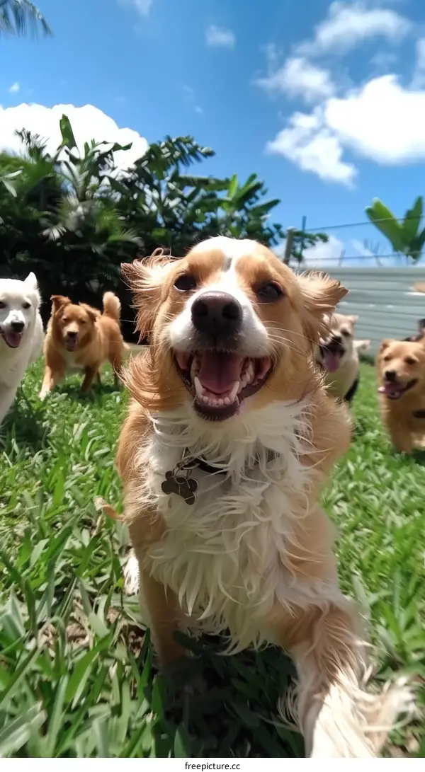 A pack of happy dogs running on a grassy field