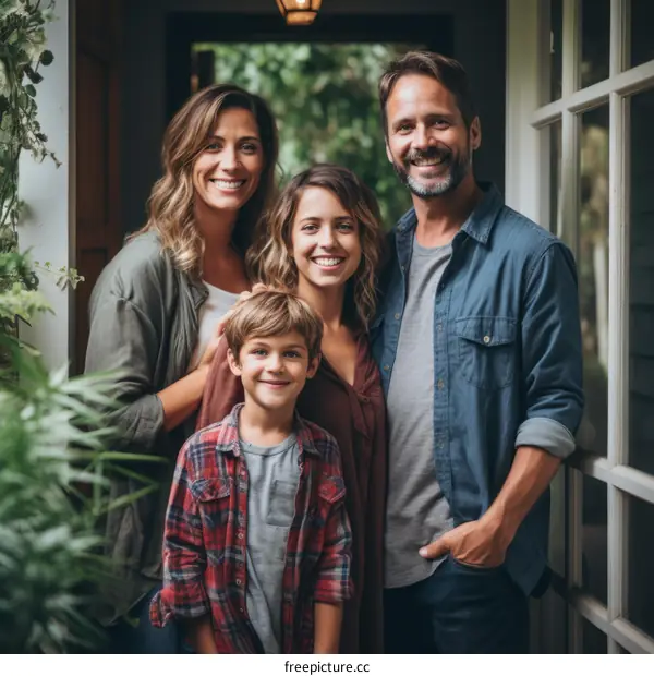 Happy family of four standing in front of their house