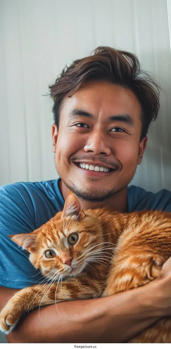 A smiling man hugging an orange cat