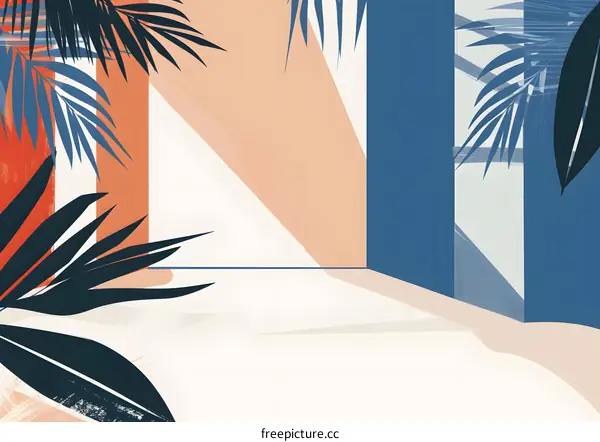 Abstract Minimalist Palm Leaf Design with Geometric Shapes in Blue, Orange, and White