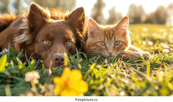 Friendship Between Dog and Cat in Sunny Meadow
