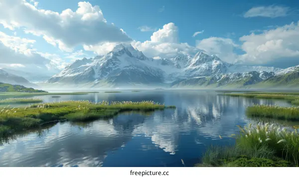 Serene Mountain Lake Landscape with Lush Grass