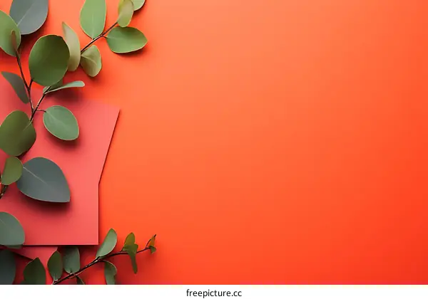Green Leaves On Orange Background Flat Lay Minimalist Photography