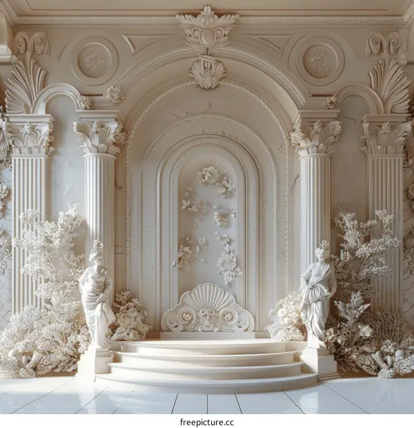 Elegant Classic Architecture Interior Design Scene with Sculptures and Decorative Elements