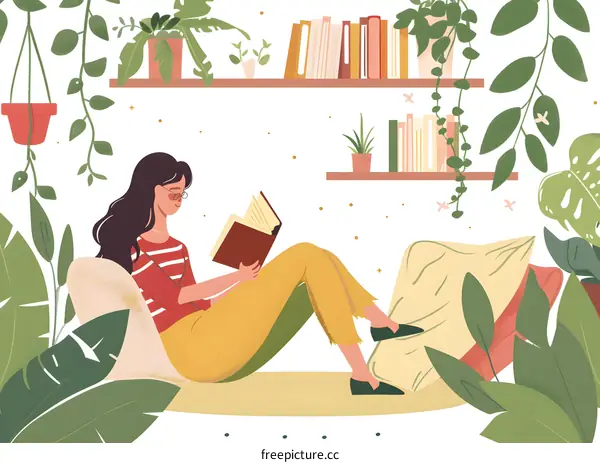 Woman Reading Book Surrounded by Plants in Home
