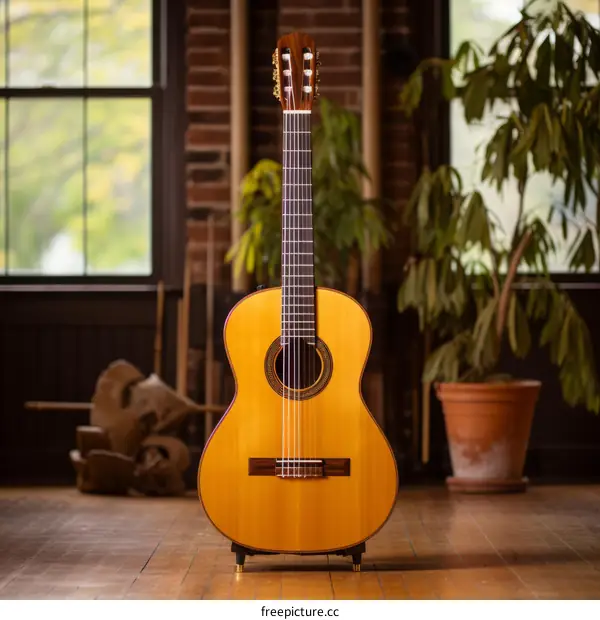 Classical Guitar Displayed on Wooden Stand with Brick Wall Background