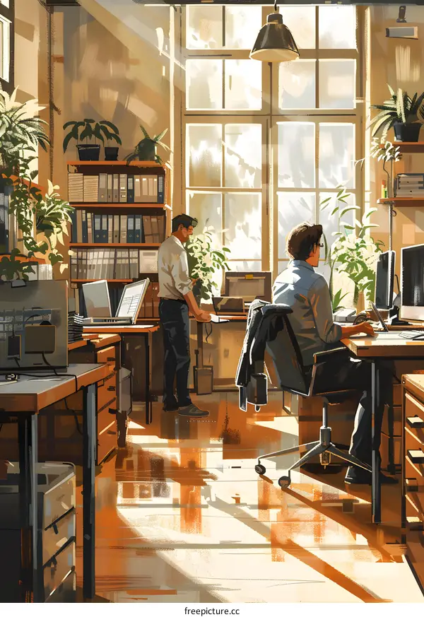 Two men working in a sunlit office