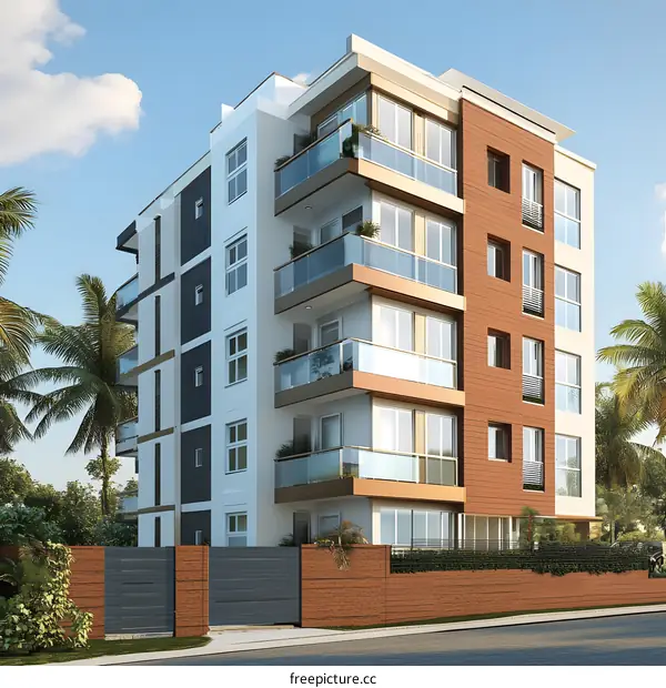 Modern Apartment Building With Balconies And Palm Trees