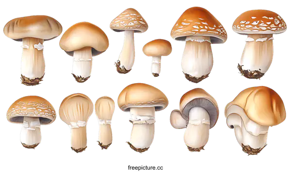 [Transparent Background PNG]Variety of Edible Mushrooms Illustration