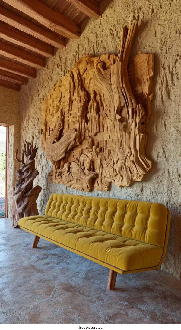 Wooden Relief Sculpture and Mustard Yellow Sofa in a Rustic Interior
