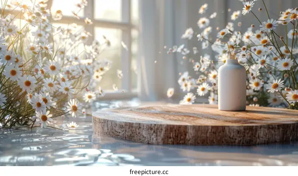 White ceramic vase with chamomile flowers on a wooden table near the window