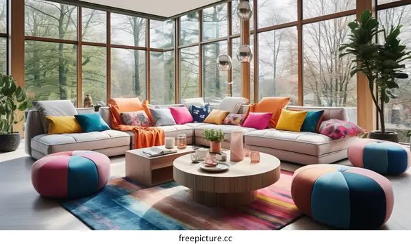 Modern bright living room with large windows and colorful furniture