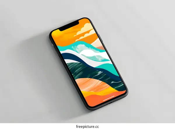 Abstract Phone Screen with Colorful Waves and Sky