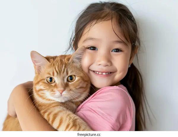 Little girl hugging a ginger cat