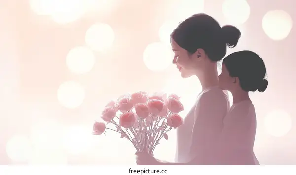 Mother and Daughter with Flowers Illustration