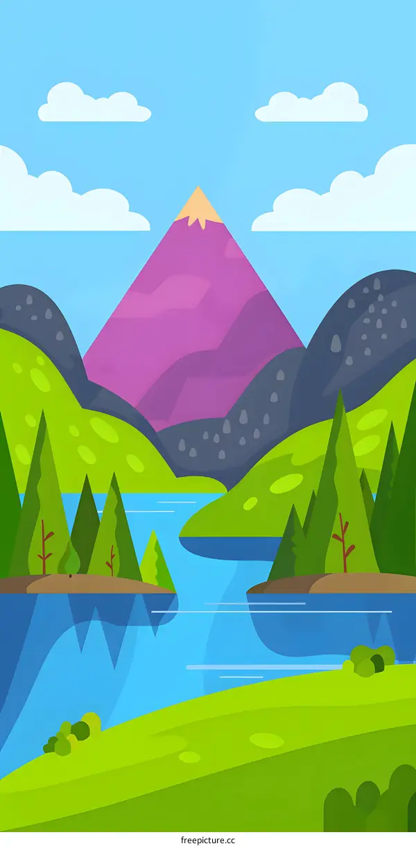 Mountain Lake Landscape Illustration With Green Trees and Blue Sky