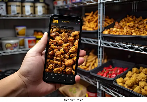 Person Holding Phone with Snack Picture in Grocery Store